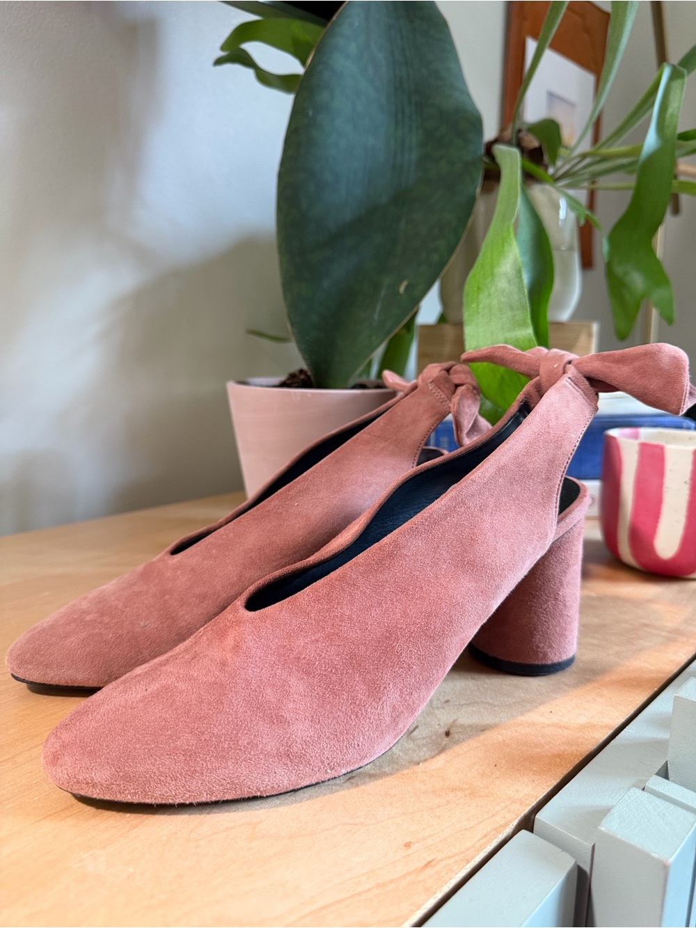 COS Pink Suede Slingback Block Heel Pumps
